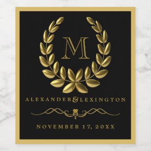 Elegant Guld Laurel Wandeand och Monogram Bröllop Vinflaska Etikett