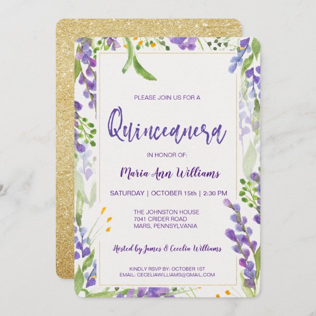 Elegant Guld Lavender Blommigt Glitter Quinceanera Inbjudningar (Fram/baksida)