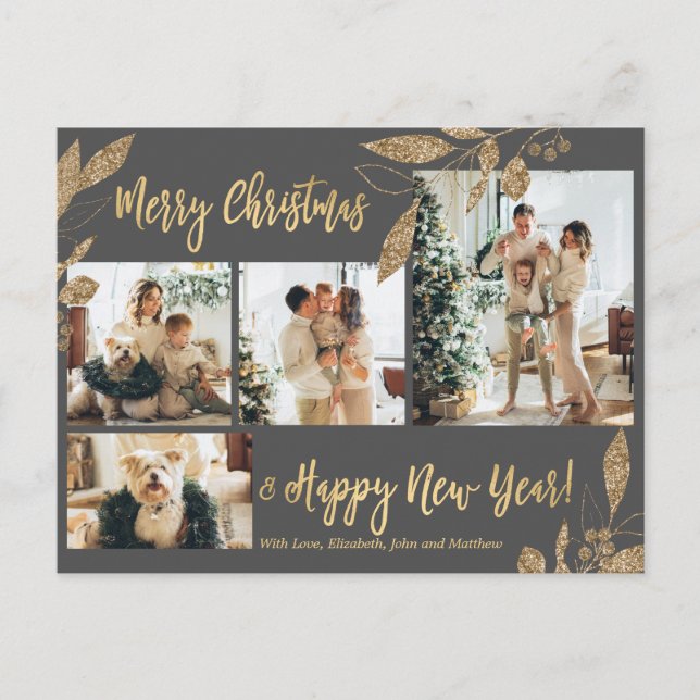 Elegant Guld Leafy 4 Photo Collage jul Postc Vykort (Framsida)