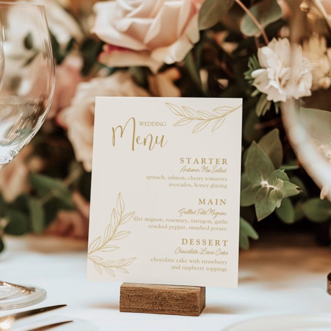 Elegant Guld Leave med Script Bröllopsmeny Kort (Skapare uppladdad)