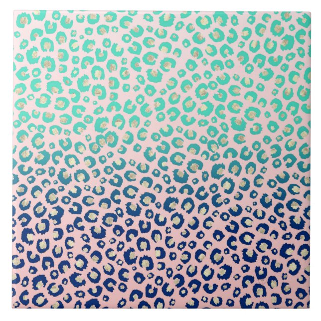Elegant Guld leopard avtryck Blue Mint Gradient Ro Kakelplatta (Framsidan)