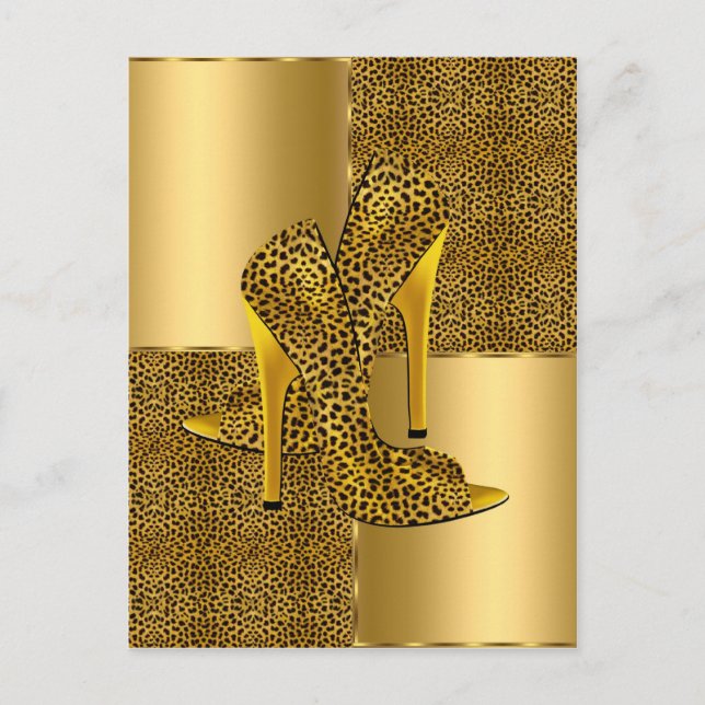 Elegant Guld Leopard High Heel Shoes Animal Vykort (Framsida)