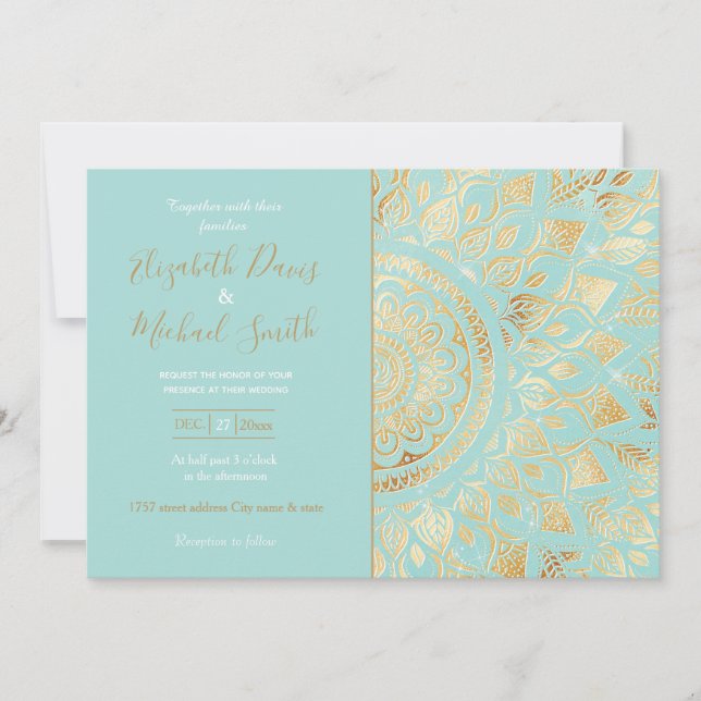 Elegant Guld Light Teal Mandala Blommigt Inbjudningar (Framsida)