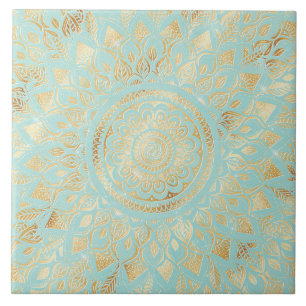 Elegant Guld Light Teal Mandala Blommigt Kakelplatta