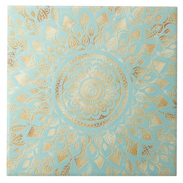 Elegant Guld Light Teal Mandala Blommigt Kakelplatta (Framsidan)