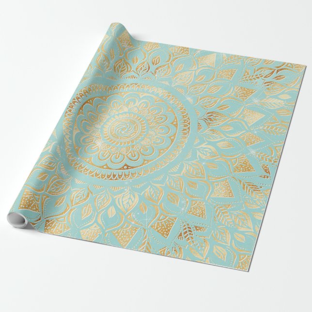 Elegant Guld Light Teal Mandala Blommigt Presentpapper (Utrullad)