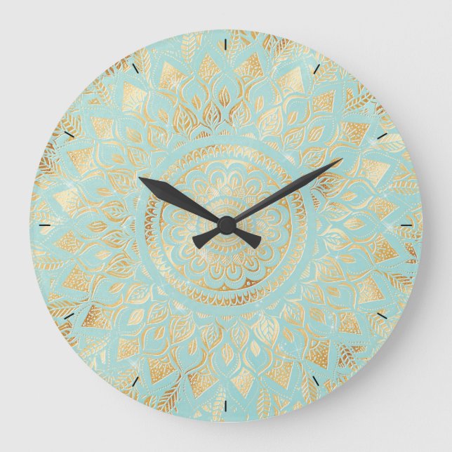 Elegant Guld Light Teal Mandala Blommigt Stor Klocka (Framsida)