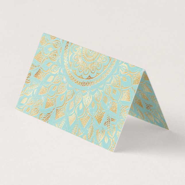 Elegant Guld Light Teal Mandala Blommigt Visitkort (Framsida)
