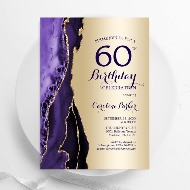 Elegant Guld Lila Agate 60:e födelsedagen Inbjudningar (Skapare uppladdad)