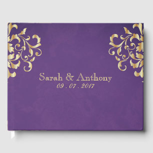 Elegant Guld & Lila Damask bröllopsgäst Bok
