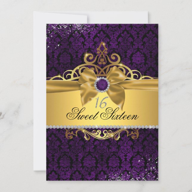 Elegant Guld Lila Damask Sweet sixteen Inbjudan (Framsida)