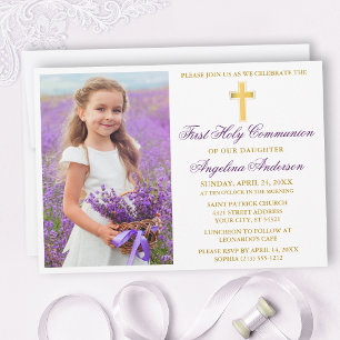 Elegant Guld Lila First Communion Photo Inbjudningar