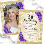 Elegant Guld Lila Foto 50:e födelsedagen Inbjudningar<br><div class="desc">Femininininbjudan till elegantens blommigt på 50 års födelsedag med ditt foto på baksidan av kortet. Glam-design med faux glitter guld. Funktioner guld rand, lila ro, skriptteckensnitt och konetti. Perfekt för en snyggt vuxen under firande party. Anpassa med dina egna detaljer. Kan anpassas för vilken ålder som helst! Skrivna Zazzle-inbjudningar eller...</div>