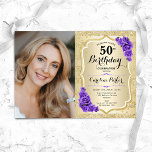 Elegant Guld Lila Foto 50:e födelsedagen Inbjudningar<br><div class="desc">Femininininbjudan till elegantens blommigt på 50 år med ditt foto. Glam-design med faux glitter guld. Funktioner rand, lila ro, skriptteckensnitt och kontur. Perfekt för en snyggt vuxen under firande party. Anpassa med dina egna detaljer. Kan anpassas för vilken ålder som helst! Skrivna Zazzle-inbjudningar eller digital utskrivbar mall för omedelbar nedladdning....</div>