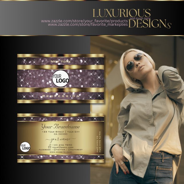 Elegant Guld Lila Glitter Gnistra Stars lägger til Visitkort (Skapare uppladdad)