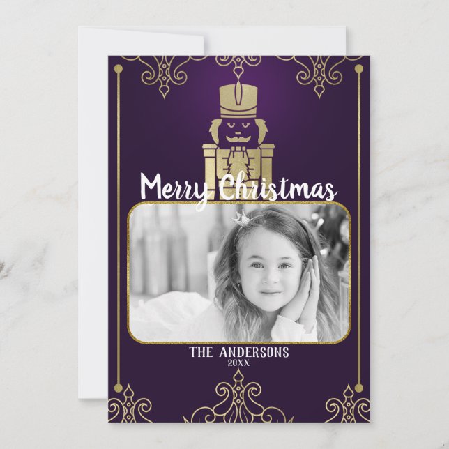 Elegant Guld Lila Nutcracker Helgdag Fotokort Julkort (Framsida)
