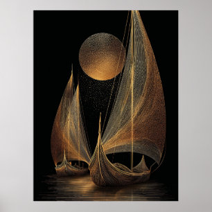 Elegant Guld Line Art Illustration of Longships Poster
