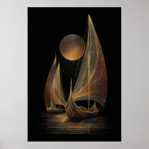Elegant Guld Line Art Illustration of Longships Poster