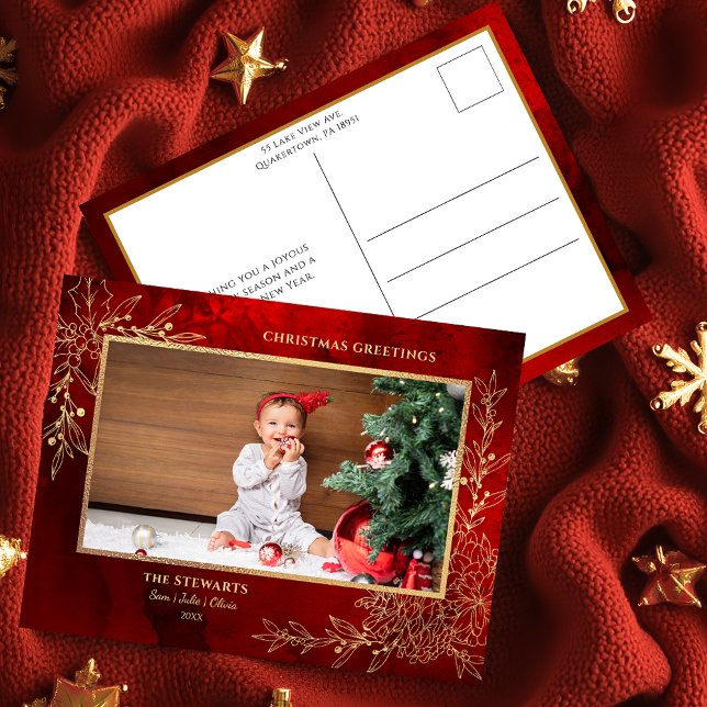 Elegant Guld Line Drawn jul Botanical Photo Helg Vykort (Skapare uppladdad)