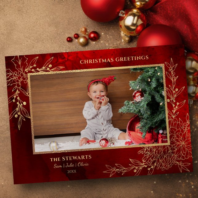 Elegant Guld Line Drawn jul Botanical Photo Julkort (Skapare uppladdad)