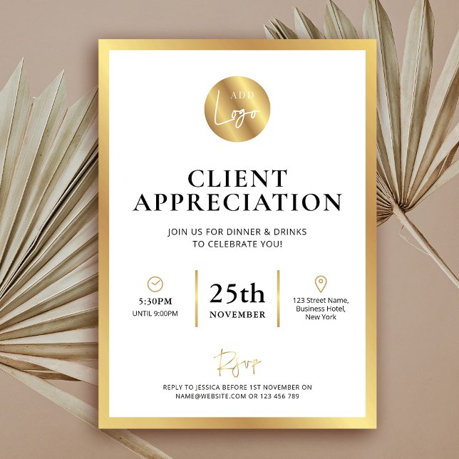 Elegant Guld Logotyp-arbetsdag för klientutvärderi Inbjudningar (Elegant white and faux gold business client or donor appreciation event invitation design )