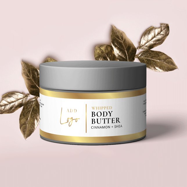 Elegant Guld Logotyp Lux Cosmetic Burk Wrapper Lab Vattenflaska Etikett (White and faux gold cosmetic jar label with space for ingredients and your brand logo)