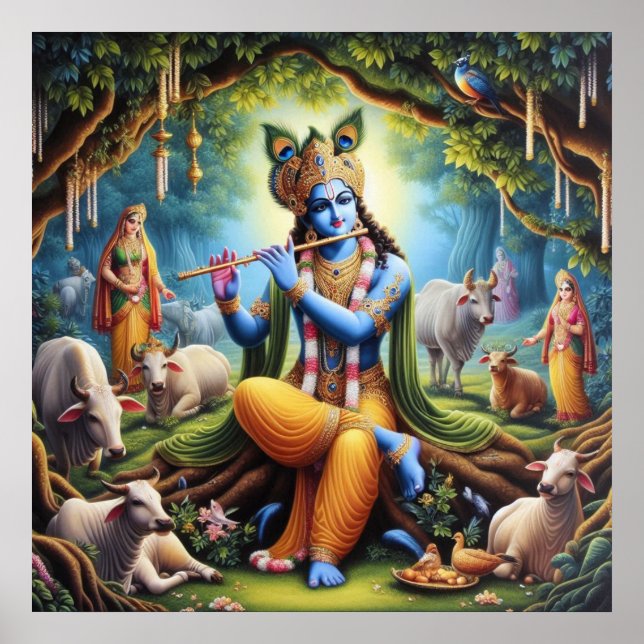 Elegant Guld Lord Krishna Konst Poster (Framsidan)