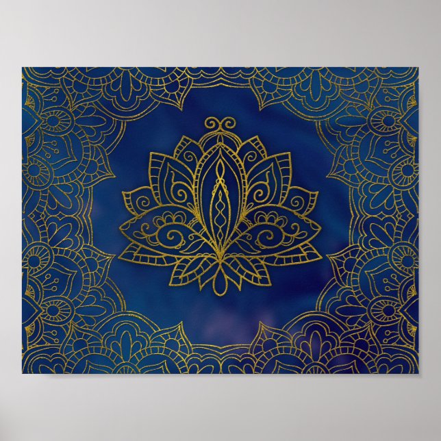 Elegant Guld Lotus-blomman i blått Poster (Framsidan)