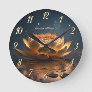 Elegant Guld Lotus, Mörk, Yoga Rund Klocka