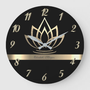 Elegant Guld Lotus, Yoga Black Stor Klocka
