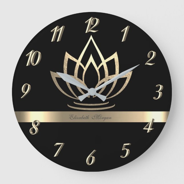 Elegant Guld Lotus, Yoga Black Stor Klocka (Framsida)
