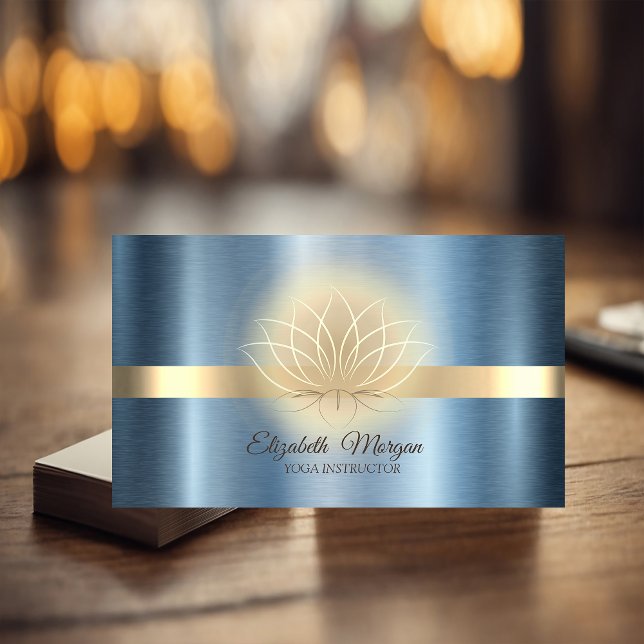 Elegant guld, lotusblå metallisk yogainstruktör  visitkort (Skapare uppladdad)