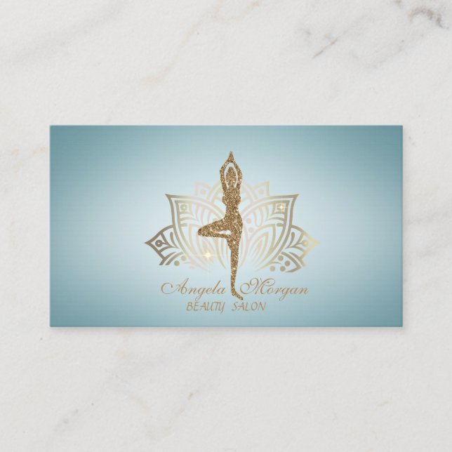 Elegant guld lotusblomma glitter yoga flicka blå visitkort (Framsida)