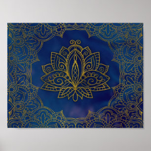 Elegant guld- lotusblommablomma på blått poster