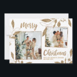 Elegant Guld Löv 2 Photo Collage-julkort<br><div class="desc">Elegant, Modern White and Guld Botanical Löv 2 Photo Collage God jul Julhälsningar Card. Detta fräcka, vismiskt två (2) foto på framsidan av helgdag-kortmallen innehåller ett söt fotokollage, faux guld-folie botaniskt löv, vinbär och säger God jul! Texten "God jul" hälsning är skriven i ett vackert, handskrivet penselskript med typsnitt på...</div>