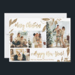 Elegant Guld Löv 4 Photo Collage-julkort<br><div class="desc">Elegant, Modern Guld och Vitt botaniskt Löv 4 Photo Collage God jul Helgdag Card. Den här festiva, imalistiska, vimmistiska 4 (4) fotokortsmallen innehåller en söt fotokollage, faux guld foil botanical löv, winterbär och säger God jul och Gott nytt år! Texten "God jul och Gott nytt år" hälsning är skriven med...</div>