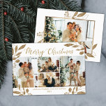 Elegant Guld Löv 4 Photo Collage-julkort<br><div class="desc">Elegant, Modern Guld och Vitt botaniskt Löv 4 Photo Collage God jul Helgdag Card. Den här festliga, imimalistiska, viskösa 4 (4) helgdag-kortmallen för fotokollage har en söt fotokollage, faux guld foil botanical löv, winterbär och säger God jul! Texten "God jul" hälsning är skriven med ett vackert, handskrivet typsnitt på vit...</div>