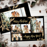 Elegant Guld Löv 4 Photo Collage-julkort<br><div class="desc">Elegant, Modern Black and Guld Botanical Löv 4 Photo Collage God jul Helgdag Card. Den här festiva, imalistiska, vimmistiska 4 (4) fotokortsmallen innehåller en söt fotokollage, faux guld foil botanical löv, winterbär och säger God jul och Gott nytt år! Texten "God jul och Gott nytt år" hälsning är skriven med...</div>