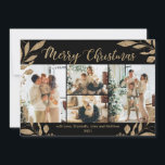 Elegant Guld Löv 4 Photo Collage-julkort<br><div class="desc">Elegant, Modern Guld och Black Botanical Löv 4 Photo Collage God jul Helgdag Card. Den här festliga, imimalistiska, viskösa 4 (4) helgdag-kortmallen för fotokollage har en söt fotokollage, faux guld foil botanical löv, winterbär och säger God jul! Texten "God jul" hälsning är skriven med ett vackert, handskrivet typsnitt på svart...</div>