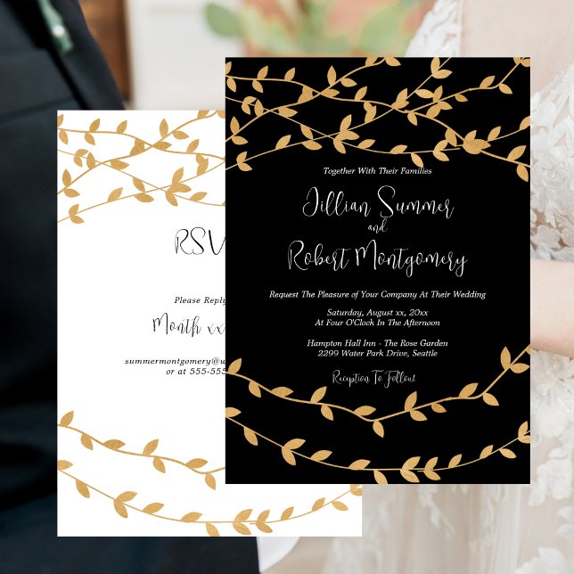 Elegant Guld Löv Black and White Bröllop Inbjudningar (Elegant Gold Leaves Black and White Wedding Invitation)
