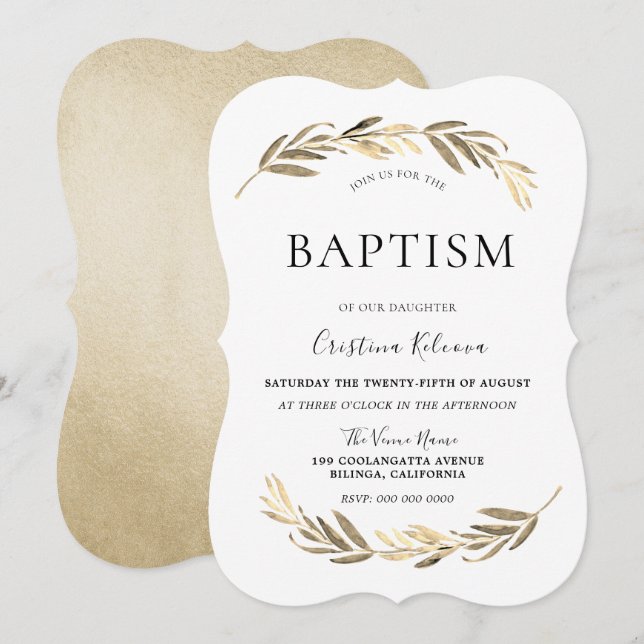 Elegant Guld Löv Boy eller Girl Baptism Christenin Inbjudningar (Fram/baksida)