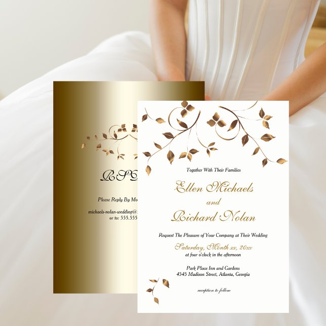 Elegant Guld Löv Bröllop med OSA Inbjudningar (Elegant Gold Leaves Wedding with RSVP Invitation)