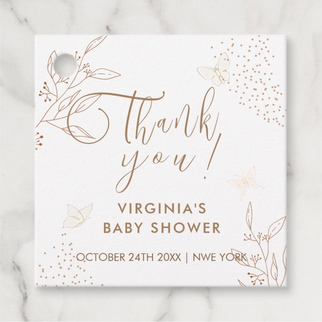 Elegant Guld Löv Butterfly Baby Shower Gåvor Etiketter (Framsida)