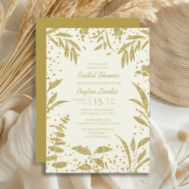 Elegant Guld Löv Glitter Cream Möhippa Inbjudningar (Gold leaves on cream-colored bridal shower invitation)