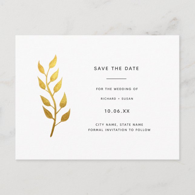 Elegant Guld Löv Spara datuminbjudan Inbjudan Vykort (Framsida)