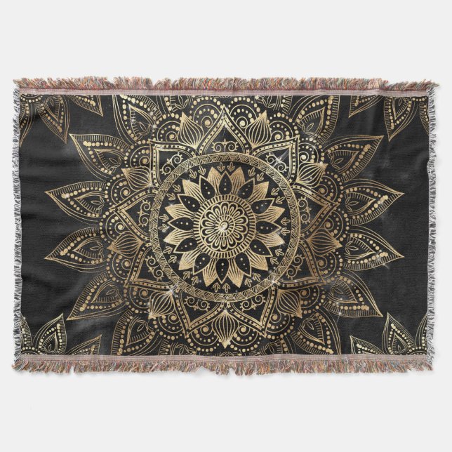 Elegant Guld Mandala Black Design Filt (Framsidan)