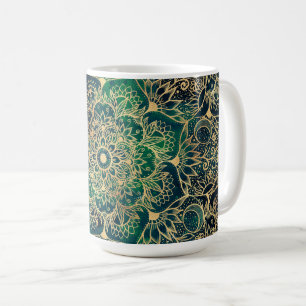 Elegant Guld Mandala Blommigt Grönt Blue Kaffemugg