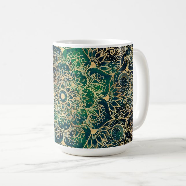 Elegant Guld Mandala Blommigt Grönt Blue Kaffemugg (Framsida höger)