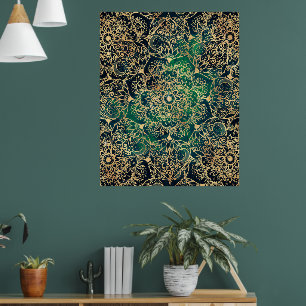 Elegant Guld Mandala Blommigt Grönt Blue Poster