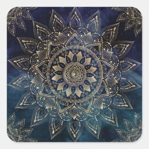 Elegant Guld Mandala Blue Galaxy Design Fyrkantigt Klistermärke